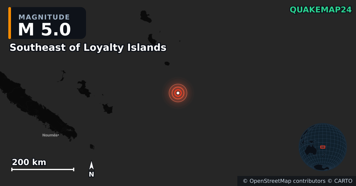 M5.0 earthquake near Southeast of Loyalty Islands on Jul 25, 2025 — map of epicenter and shaking intensity | QuakeMap24
