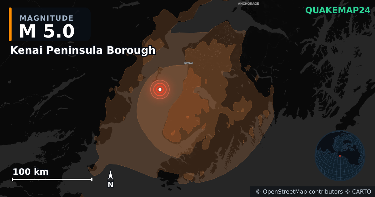 Σεισμός M5,0 κοντά στο Kenai Peninsula Borough, Alaska (Ηνωμένες Πολιτείες) — Χάρτης της θέσης του επικέντρου