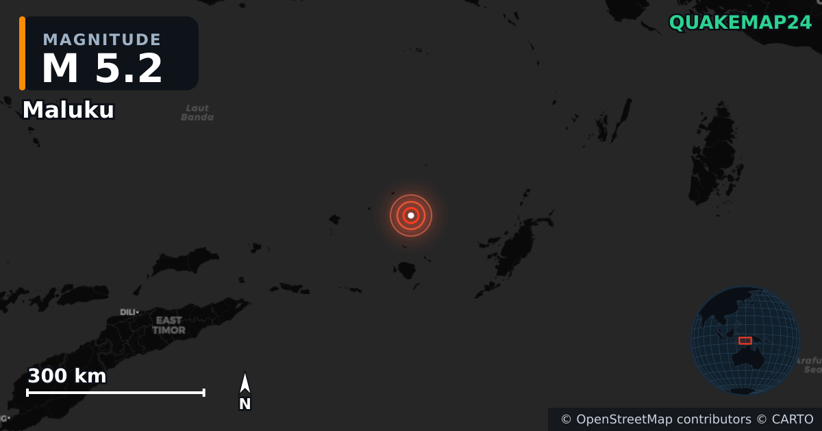 M5.2 earthquake near Maluku on Nov 28, 2025 — map of epicenter and shaking intensity | QuakeMap24