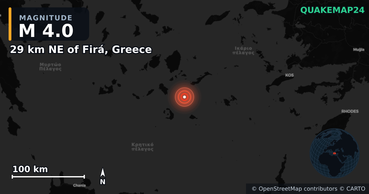 M4.0 earthquake near 29 km NE of Firá, Greece on Feb 4, 2025 — map of epicenter and shaking intensity | QuakeMap24