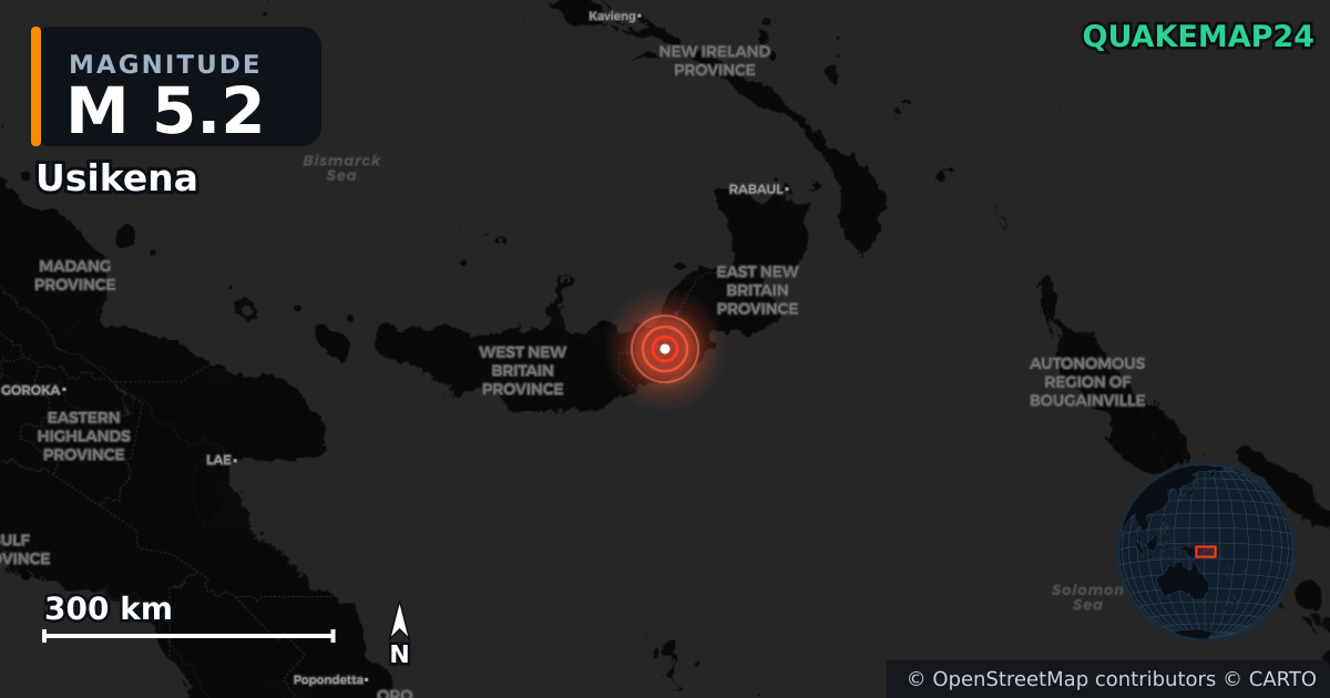 M5.2 earthquake near Usikena on Apr 30, 2025 — map of epicenter and shaking intensity | QuakeMap24