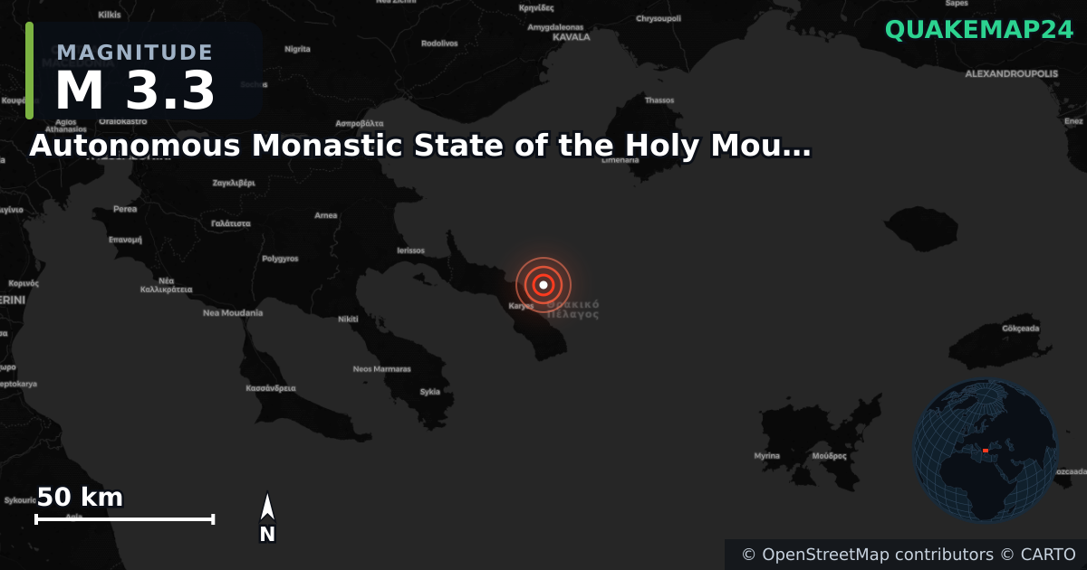 M3.3 earthquake near Autonomous Monastic State of the Holy Mountain on Apr 18, 2026 — map of epicenter and shaking intensity | QuakeMap24