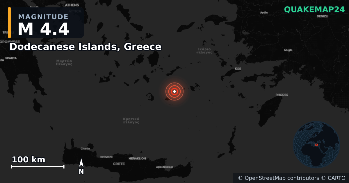 M4.4 earthquake near Dodecanese Islands, Greece on Dec 20, 2025 — map of epicenter and shaking intensity | QuakeMap24