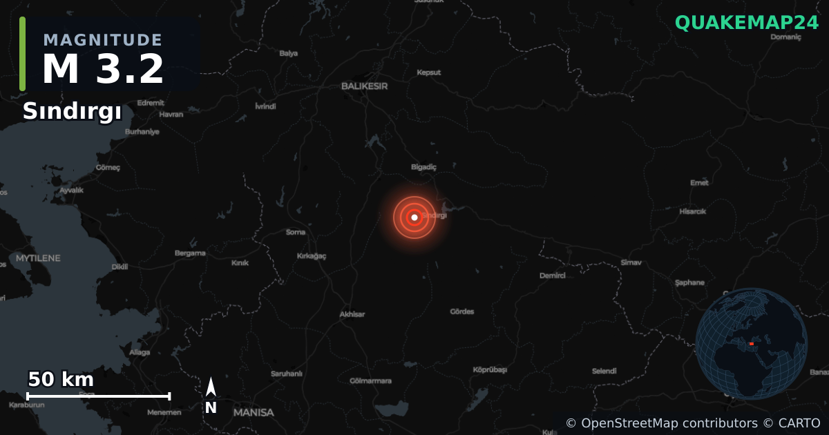 Terremoto de M3,2 cerca de Sındırgı (Turquía) · 2025-11-27 — Mapa de la ubicación del epicentro