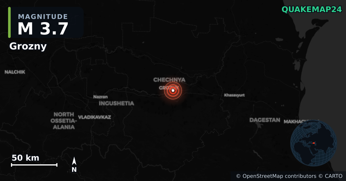 M3.7 earthquake near Grozny on Aug 24, 2026 — map of epicenter and shaking intensity | QuakeMap24