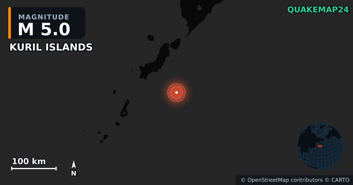 M5.0 earthquake near KURIL ISLANDS on Jul 30, 2025 — map of epicenter and shaking intensity | QuakeMap24