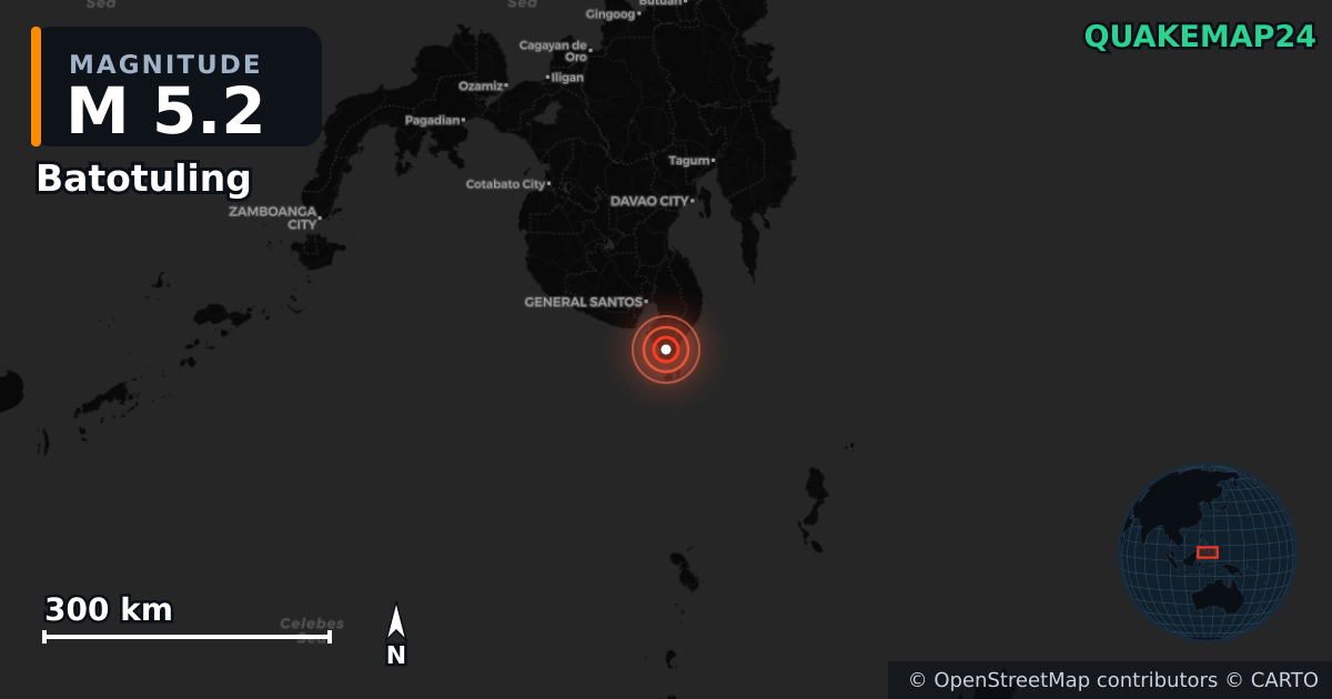 M5.2 earthquake near Batotuling on Jun 10, 2026 — map of epicenter and shaking intensity | QuakeMap24