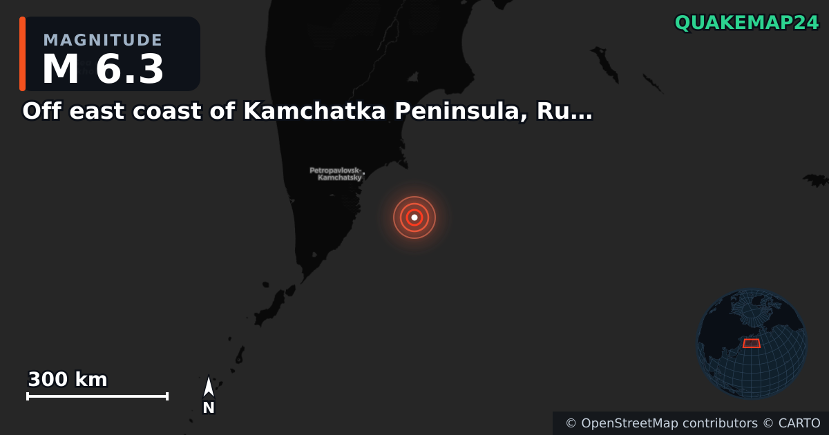 M6.3 earthquake near Off east coast of Kamchatka Peninsula, Russia [Sea: Russia] on Nov 3, 2025 — map of epicenter and shaking intensity | QuakeMap24