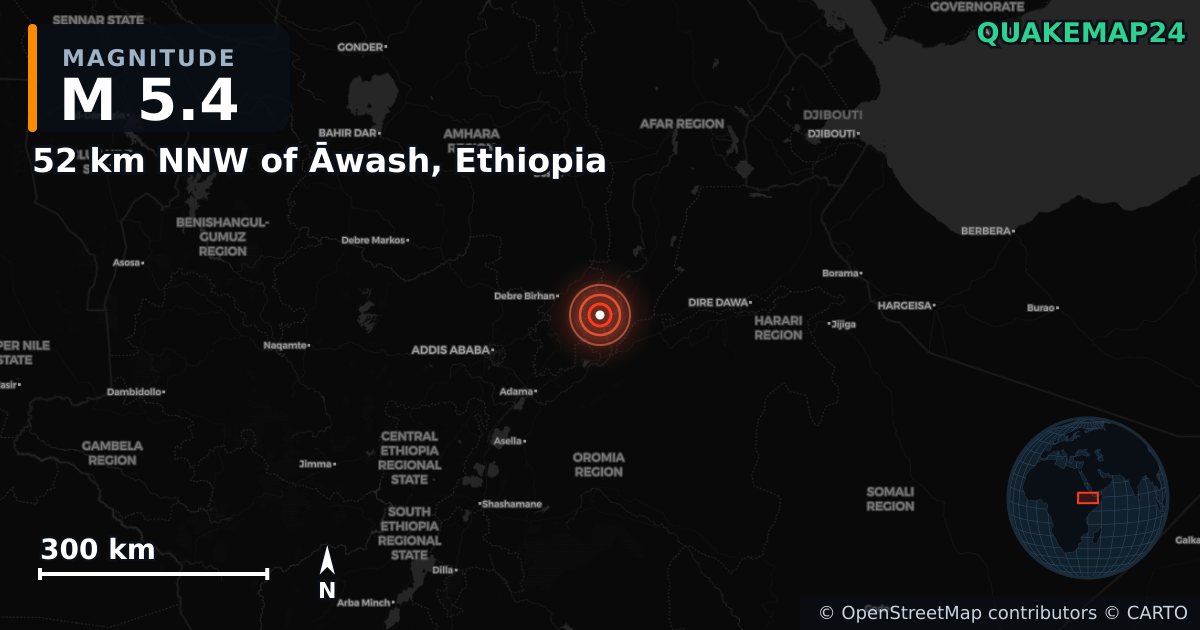 M5.4 earthquake near 52 km NNW of Āwash, Ethiopia on Mar 16, 2025 — map of epicenter and shaking intensity | QuakeMap24