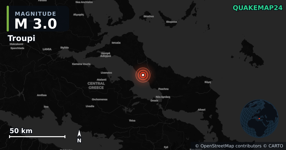 M3.0 earthquake near Troupi on Jun 7, 2026 — map of epicenter and shaking intensity | QuakeMap24
