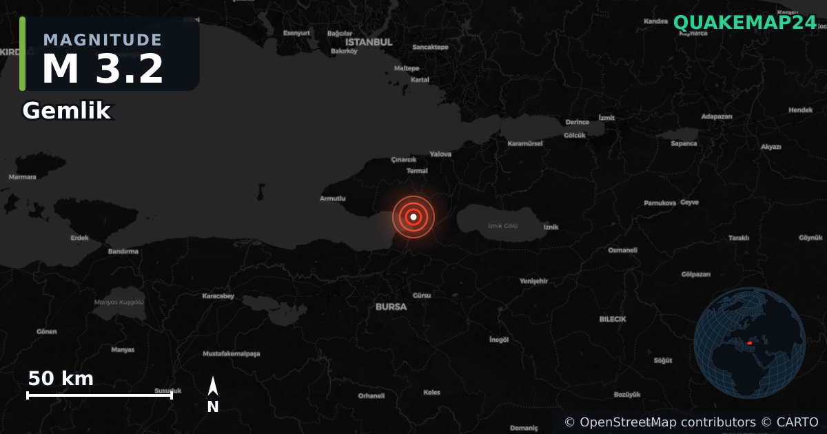 M3.2 earthquake near Gemlik on May 13, 2025 — map of epicenter and shaking intensity | QuakeMap24