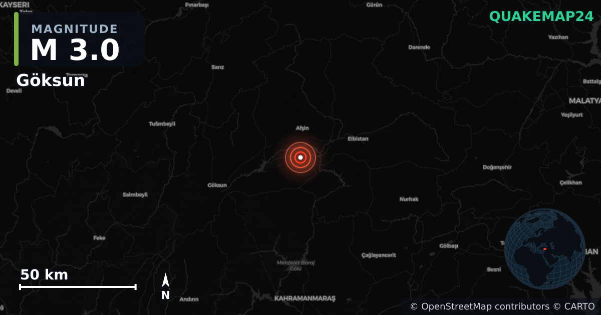 Sismo de M3,0 perto de Göksun, Kahramanmaraş (Turquia) · 2026-05-26 — Mapa da localização do epicentro