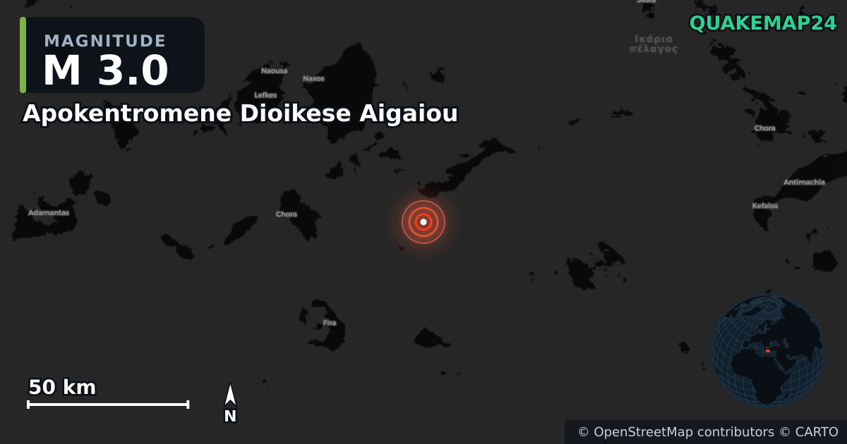 M3.0 earthquake near Apokentromene Dioikese Aigaiou on Aug 2, 2025 — map of epicenter and shaking intensity | QuakeMap24