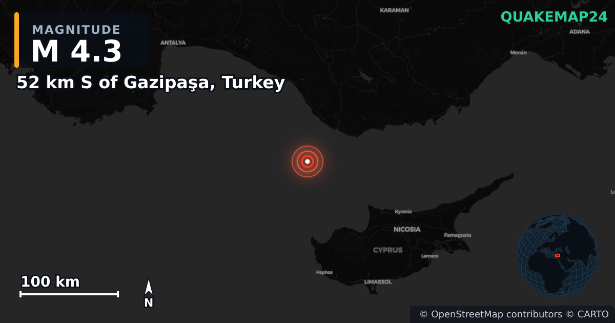 M4.3 earthquake near 52 km S of Gazipaşa, Turkey on Jun 5, 2025 — map of epicenter and shaking intensity | QuakeMap24