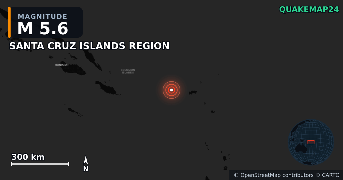 M5.6 earthquake near SANTA CRUZ ISLANDS REGION on May 12, 2026 — map of epicenter and shaking intensity | QuakeMap24