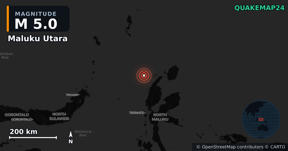 M5.0 earthquake near Maluku Utara on Aug 17, 2025 — map of epicenter and shaking intensity | QuakeMap24