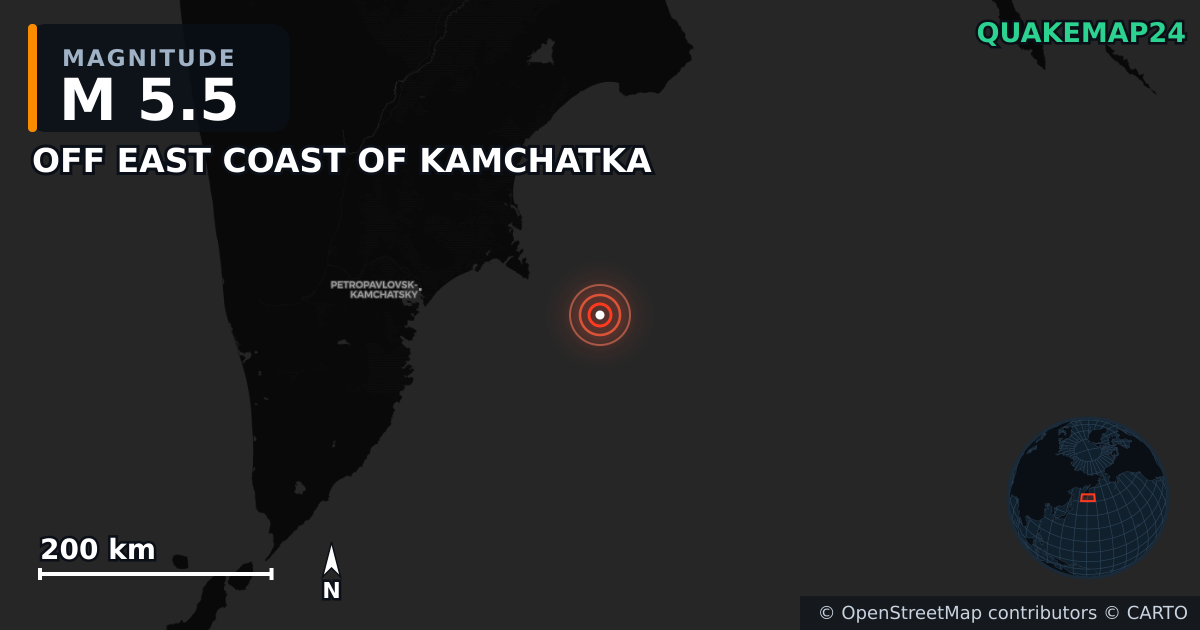 M5.5 earthquake near OFF EAST COAST OF KAMCHATKA on Jan 10, 2026 — map of epicenter and shaking intensity | QuakeMap24