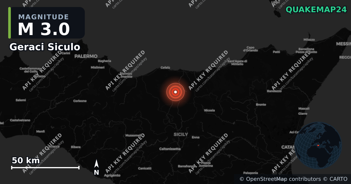 M3.0 earthquake near Geraci Siculo on Aug 31, 2026 — map of epicenter and shaking intensity | QuakeMap24