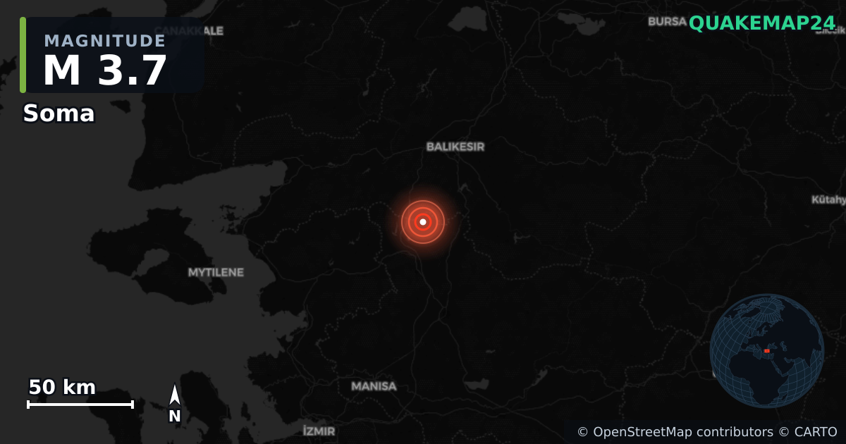 M3.7 earthquake near Soma on Jan 14, 2026 — map of epicenter and shaking intensity | QuakeMap24
