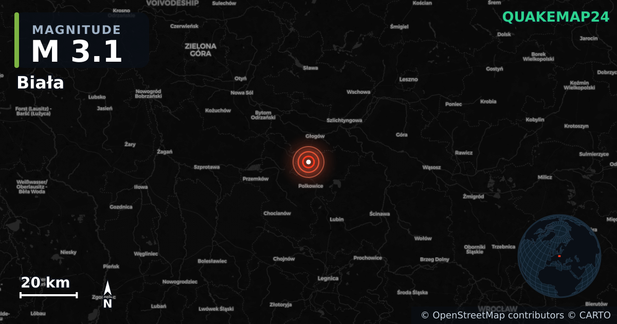 M3.1 earthquake near Biała on Jan 21, 2026 — map of epicenter and shaking intensity | QuakeMap24