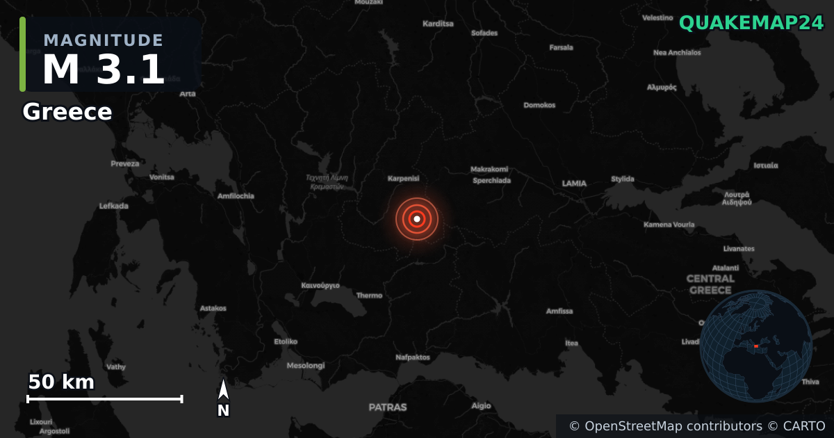 M3.1 earthquake near Greece on Apr 6, 2026 — map of epicenter and shaking intensity | QuakeMap24