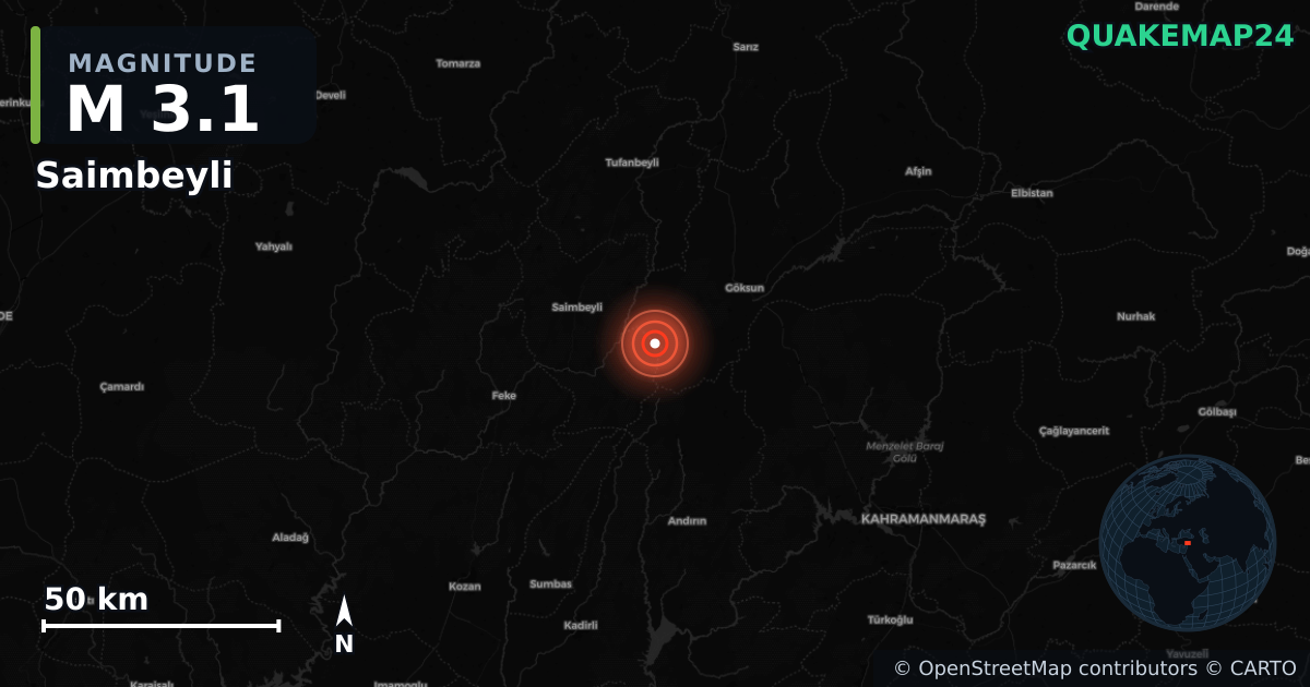 M3.1 earthquake near Saimbeyli on Feb 3, 2026 — map of epicenter and shaking intensity | QuakeMap24