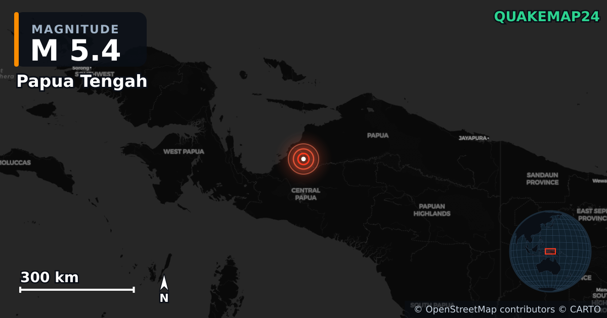 M5.4 earthquake near Papua Tengah on Oct 2, 2025 — map of epicenter and shaking intensity | QuakeMap24