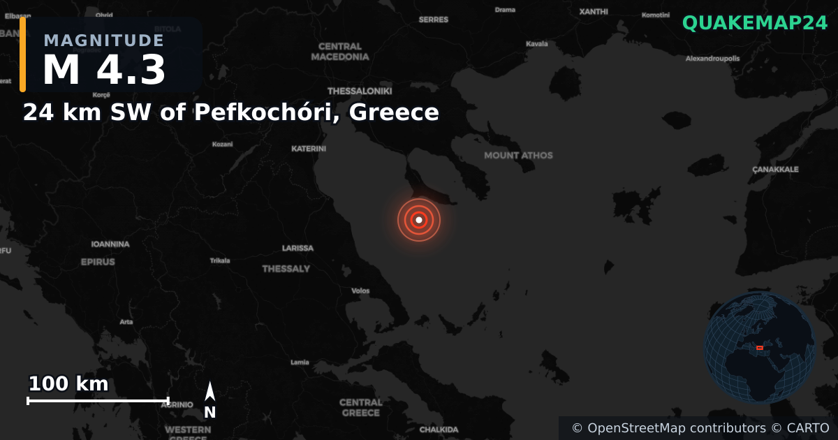 M4.3 earthquake near 24 km SW of Pefkochóri, Greece on Jun 16, 2025 — map of epicenter and shaking intensity | QuakeMap24