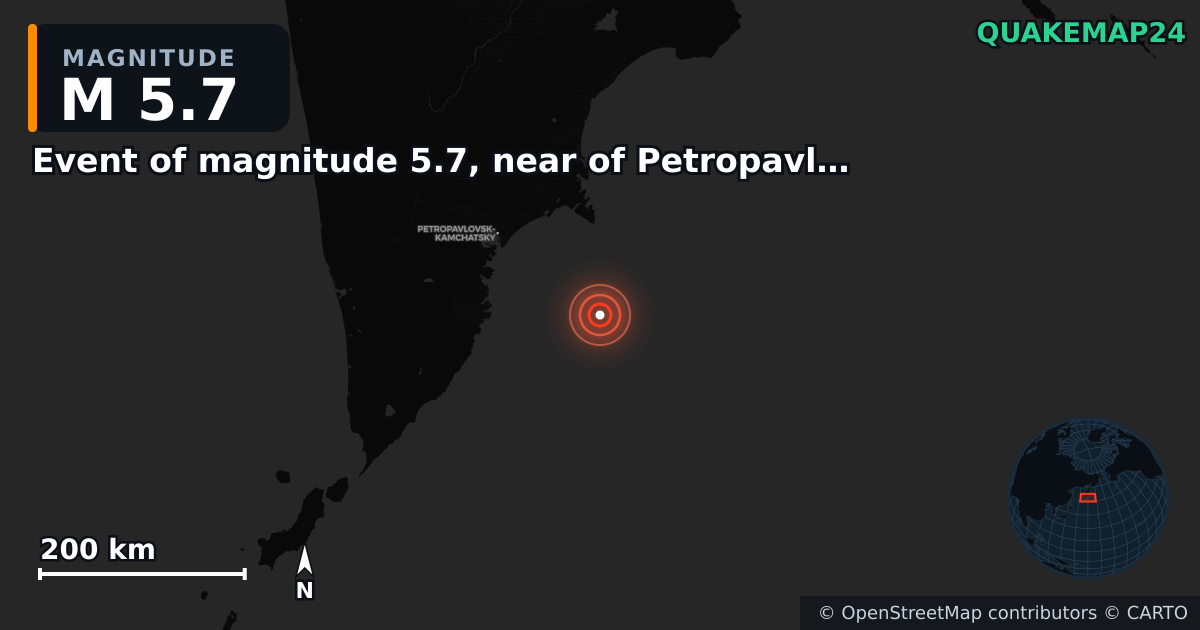 M5.7 earthquake near Event of magnitude 5.7, near of Petropavlovsk Kamchatskiy (Monde) on Nov 4, 2025 — map of epicenter and shaking intensity | QuakeMap24