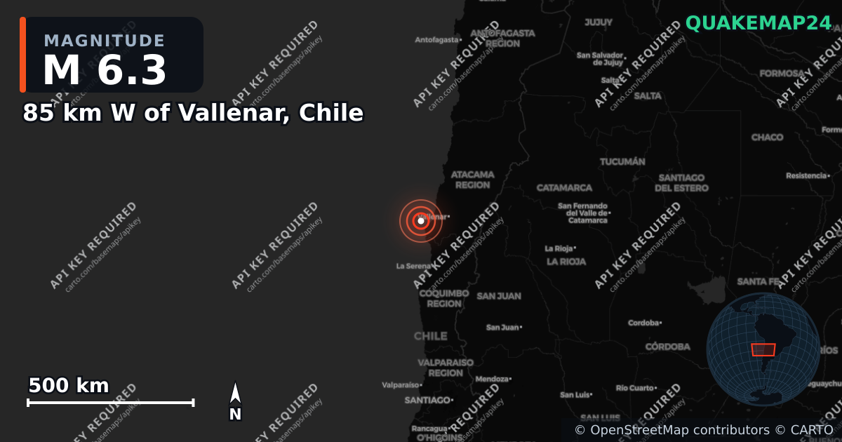 M6.3 earthquake near 85 km W of Vallenar, Chile on Mar 13, 2026 — map of epicenter and shaking intensity | QuakeMap24