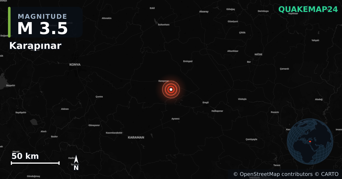 M3.5 earthquake near Karapınar on Jan 10, 2026 — map of epicenter and shaking intensity | QuakeMap24