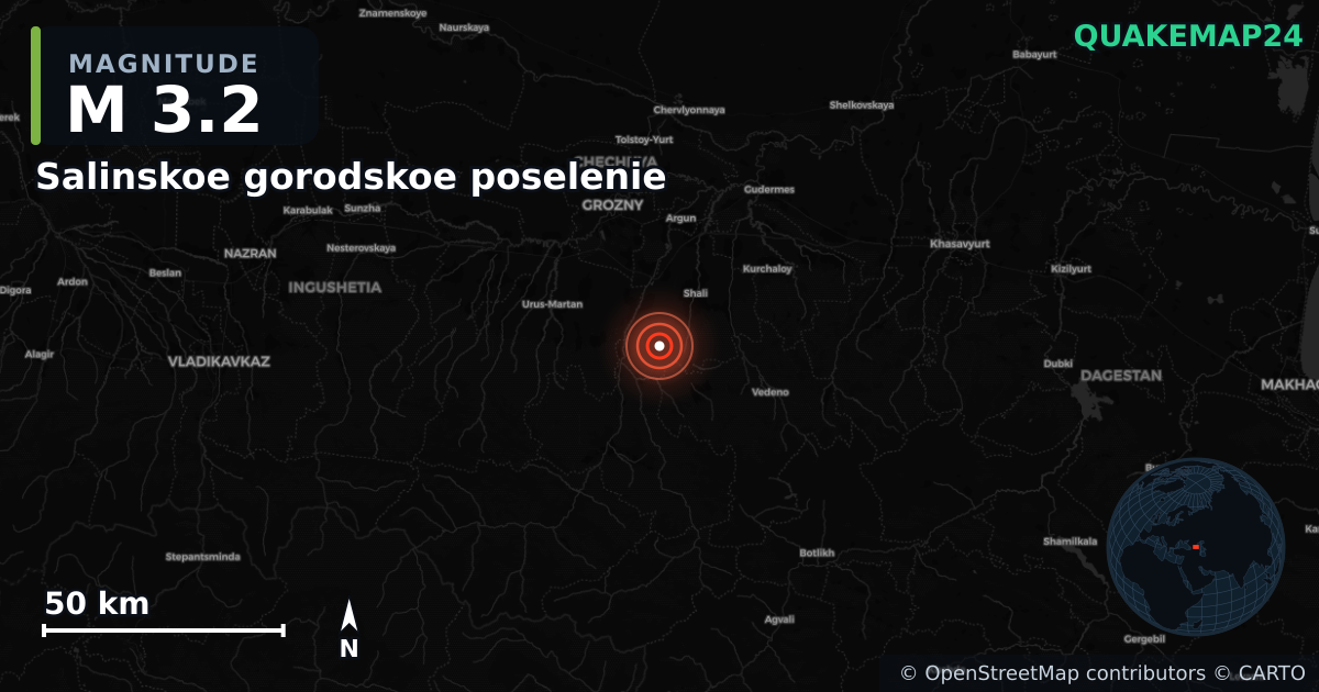 Salinskoe gorodskoe poselenie, Chechnya (Rusya) yakınında M3,2 deprem · 2026-10-13 — Deprem merkez üssünün konumunu gösteren harita