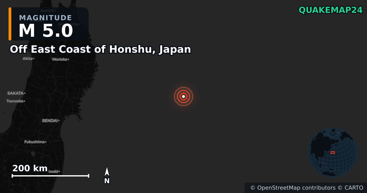 Off East Coast of Honshu, Japan yakınında M5,0 deprem — Deprem merkez üssünün konumunu gösteren harita