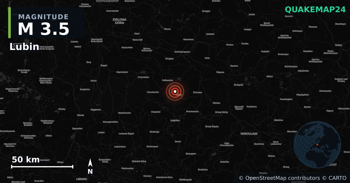 M3.5 earthquake near Lubin on Jan 21, 2026 — map of epicenter and shaking intensity | QuakeMap24