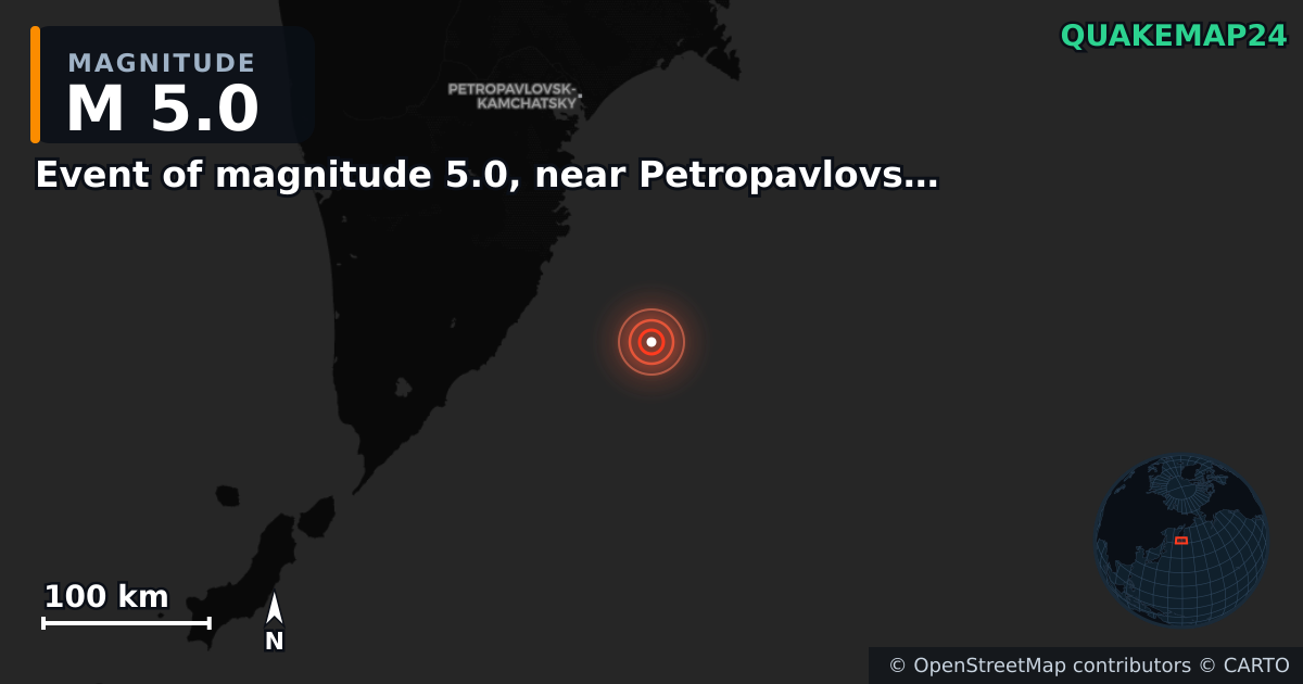 M5.0 earthquake near Event of magnitude 5.0, near Petropavlovsk Kamchatskiy (Monde) on Jun 4, 2026 — map of epicenter and shaking intensity | QuakeMap24