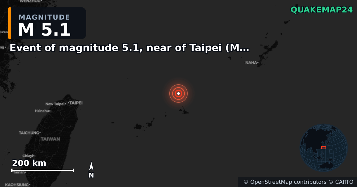 M5.1 earthquake near Event of magnitude 5.1, near of Taipei (Monde) on Feb 28, 2026 — map of epicenter and shaking intensity | QuakeMap24