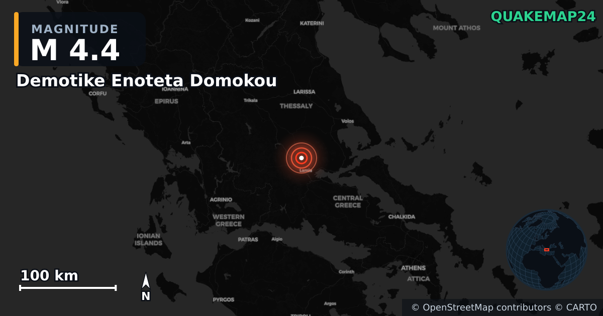 M4.4 earthquake near Demotike Enoteta Domokou on Jan 10, 2026 — map of epicenter and shaking intensity | QuakeMap24