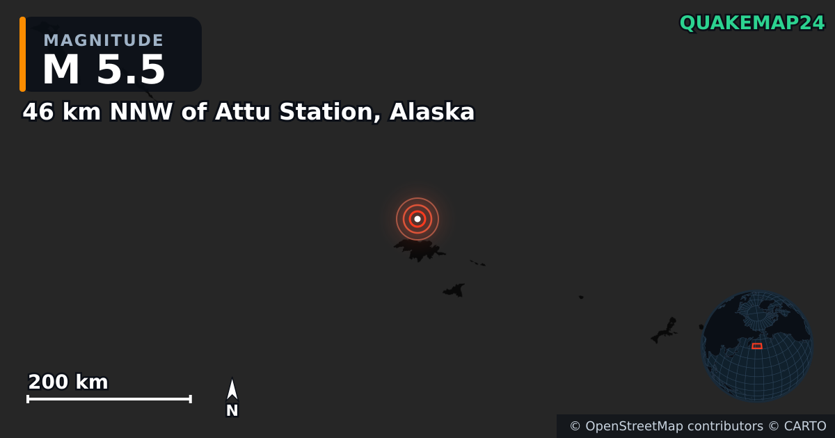 M5.5 earthquake near 46 km NNW of Attu Station, Alaska on Apr 2, 2025 — map of epicenter and shaking intensity | QuakeMap24
