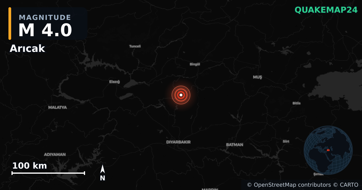 M4.0 earthquake near Arıcak on Jun 14, 2025 — map of epicenter and shaking intensity | QuakeMap24
