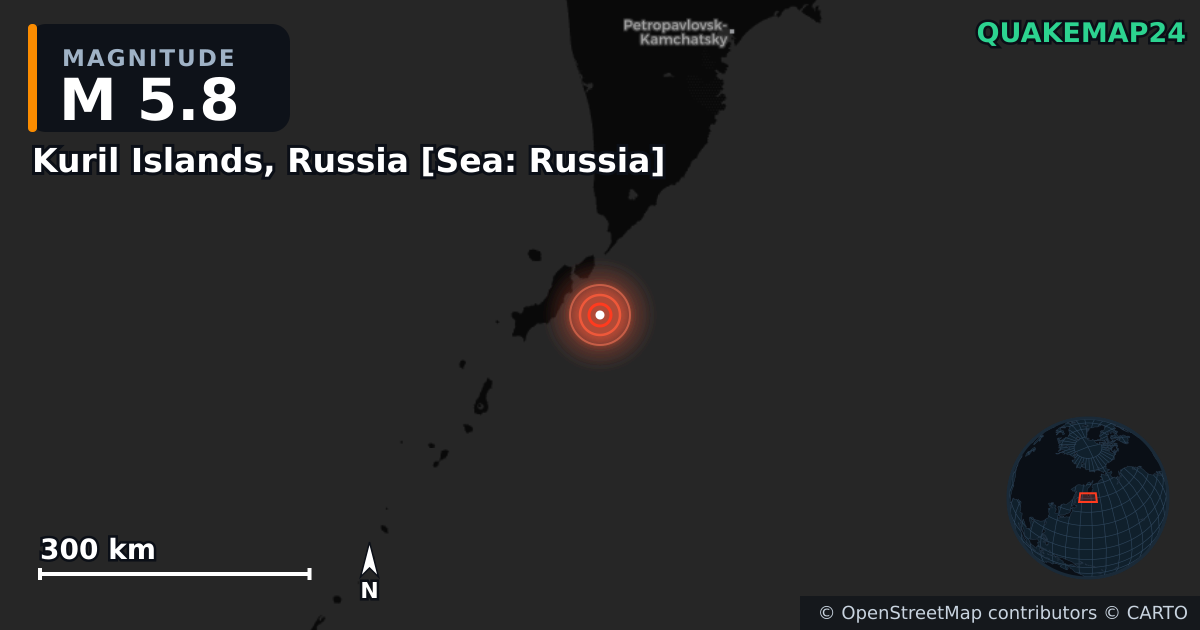 M5.8 earthquake near Kuril Islands, Russia [Sea: Russia] on Oct 11, 2025 — map of epicenter and shaking intensity | QuakeMap24