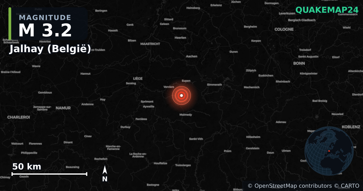 M3.2 earthquake near Jalhay (België) on Mar 16, 2026 — map of epicenter and shaking intensity | QuakeMap24