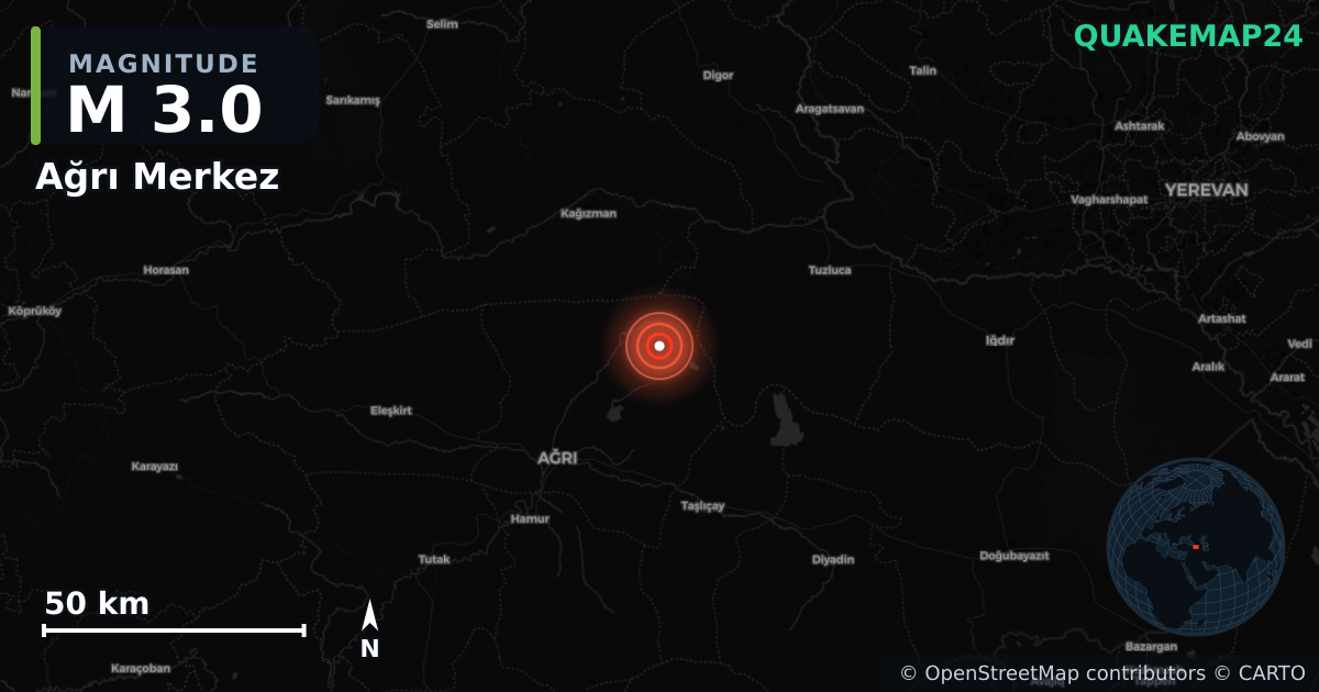 M3.0 earthquake near Ağrı Merkez on Jul 21, 2026 — map of epicenter and shaking intensity | QuakeMap24