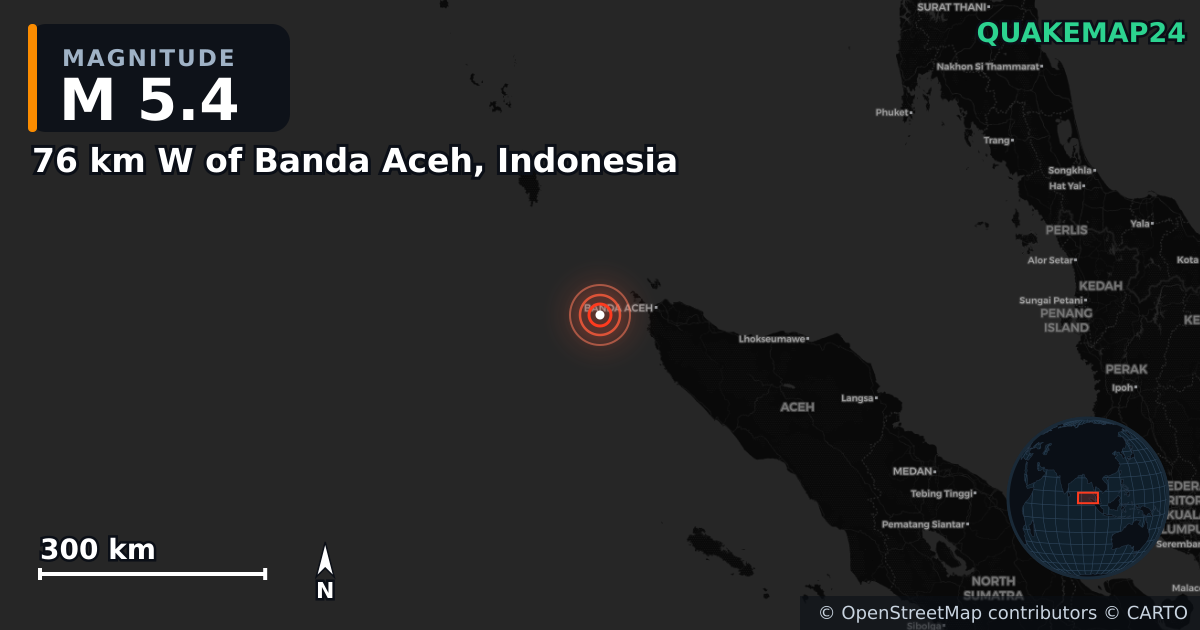 M5.4 earthquake near 76 km W of Banda Aceh, Indonesia on Mar 7, 2025 — map of epicenter and shaking intensity | QuakeMap24
