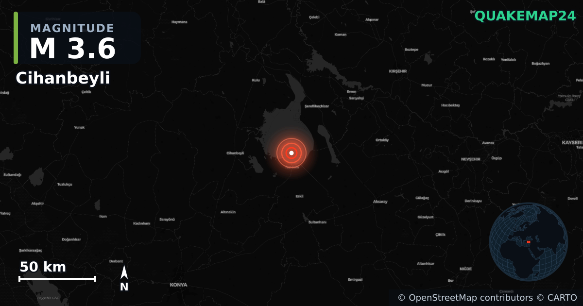 M3.6 earthquake near Cihanbeyli on Nov 21, 2025 — map of epicenter and shaking intensity | QuakeMap24