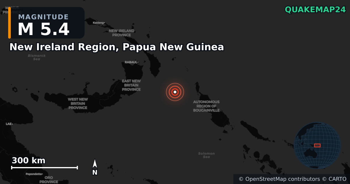 Erdbeben M5,4 bei New Ireland Region, Papua New Guinea — Karte der Lage des Epizentrums