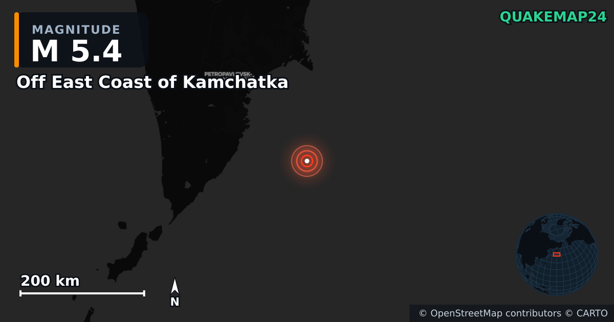 M5.4 earthquake near Off East Coast of Kamchatka on Jan 28, 2026 — map of epicenter and shaking intensity | QuakeMap24