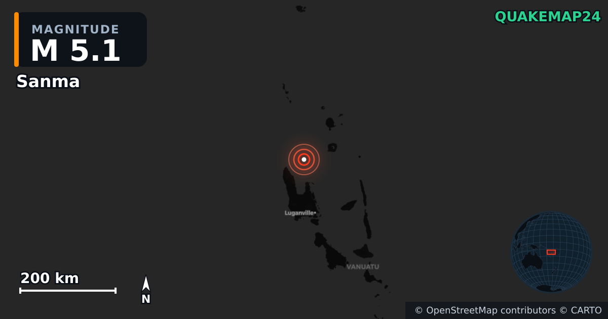 M5.1 earthquake near Sanma on Aug 12, 2025 — map of epicenter and shaking intensity | QuakeMap24