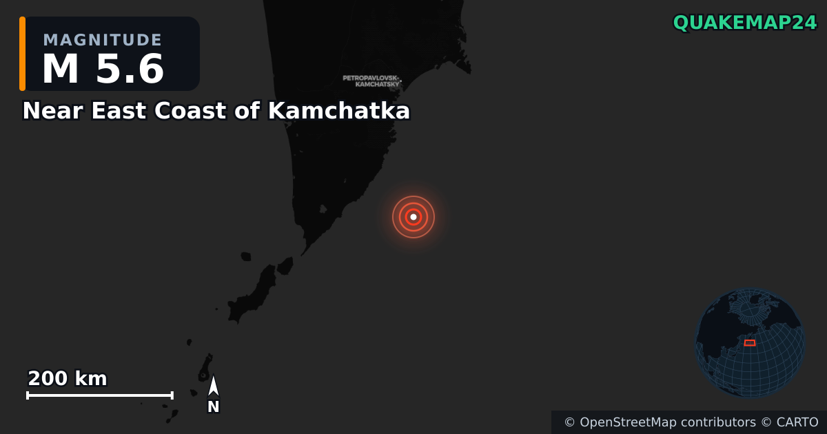 M5.6 earthquake near Near East Coast of Kamchatka on Jul 30, 2025 — map of epicenter and shaking intensity | QuakeMap24