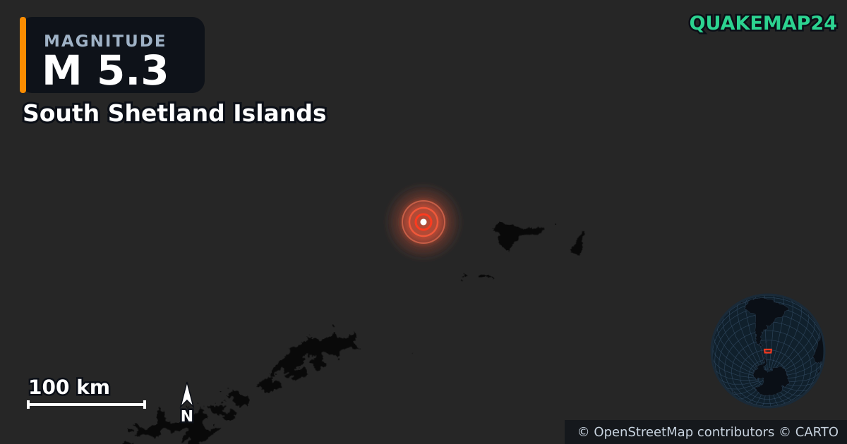 M5.3 Earthquake near South Shetland Islands · 2026-04-09 — Map showing the location of the epicenter