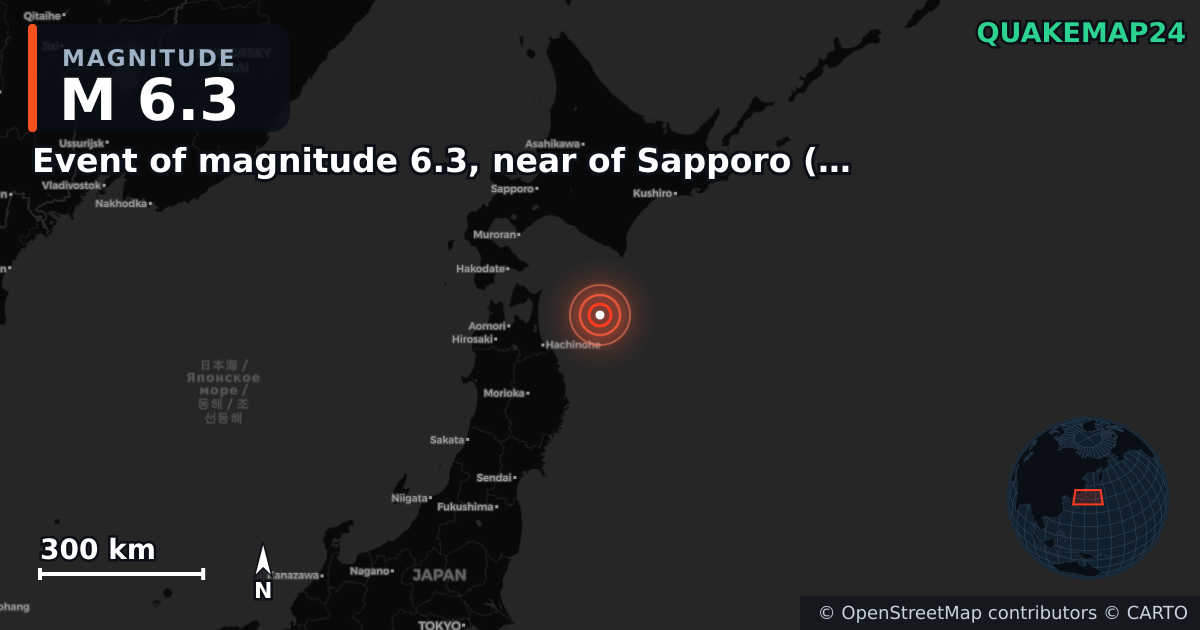 M6.3 earthquake near Event of magnitude 6.3, near of Sapporo (Monde) on Dec 12, 2025 — map of epicenter and shaking intensity | QuakeMap24